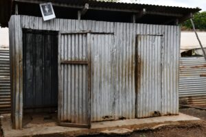 Tin temporary latrine for St marks primary school in Maban, South Sudan.