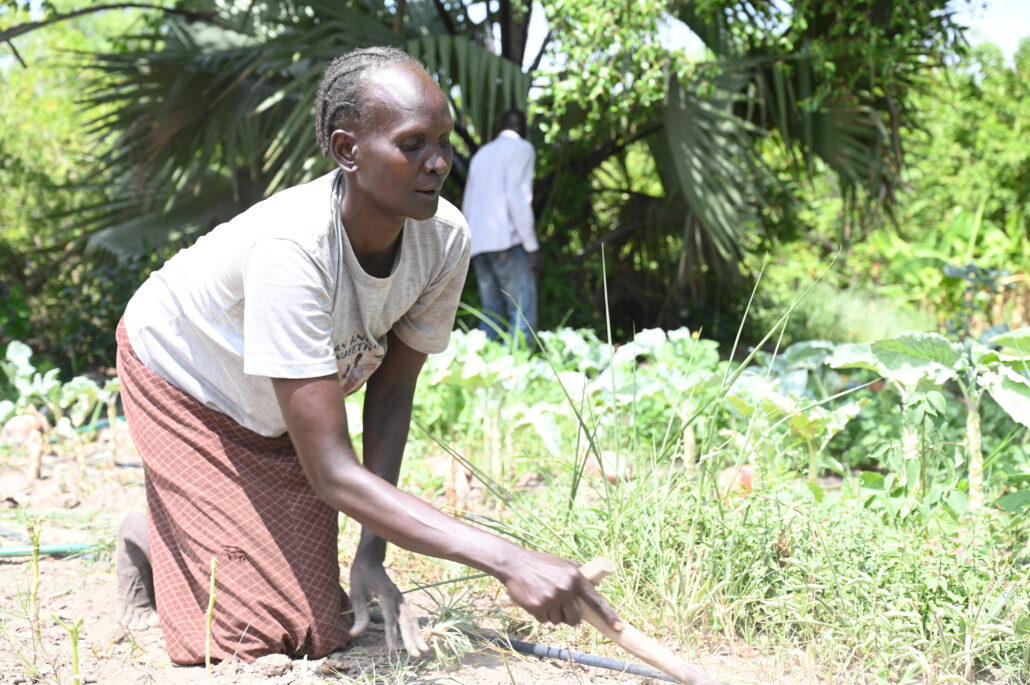 Mary attends to her farm. she is down on her knees tilling the soil